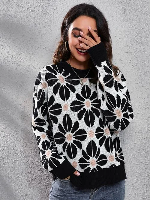 Floral Round Neck Long Sleeve Sweater Stylish Fashionable Trendy
