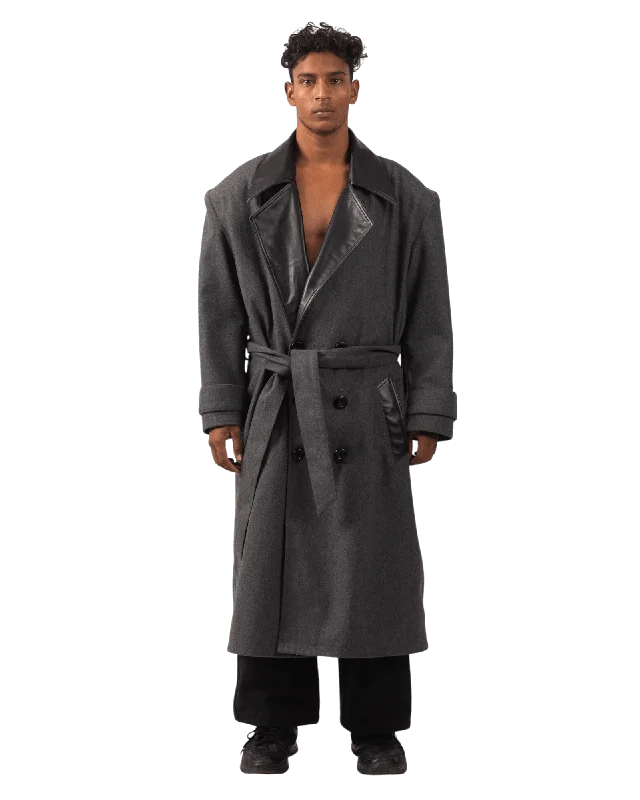 ASH GREY  WOOL TRENCH COAT Herringbone Houndstooth Plaid