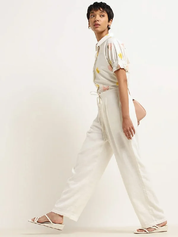 LOV Off-White Solid Blended Linen Trousers Trousers luxurious high-end
