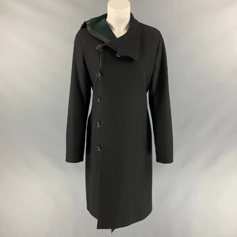 DIRK BIKKEMBERGS Size 6 Black Wool Blend Leather Ruffle Trim Coat Peter Pan Collar Cowl Neck Turtleneck