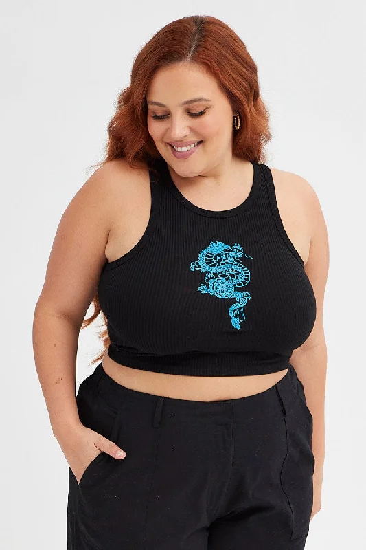 Black Sleeveless Tank Top With Blue Dragon Embroidery soft pink tank