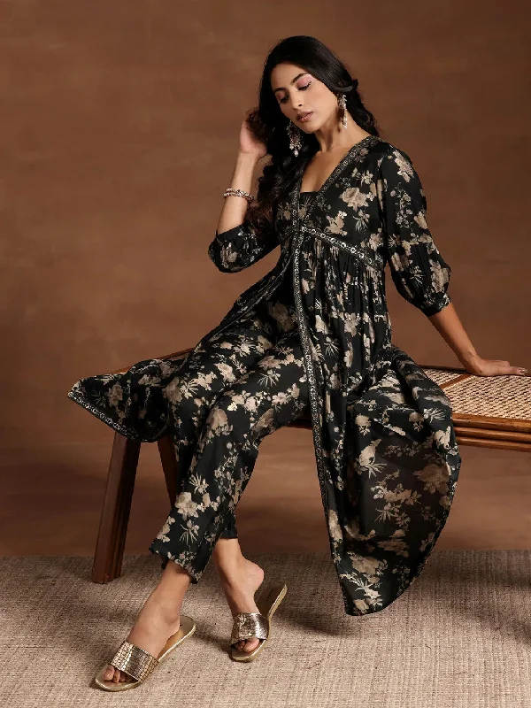 Green Printed Silk Blend A-line Kurta With Trousers Trousers Business Professional