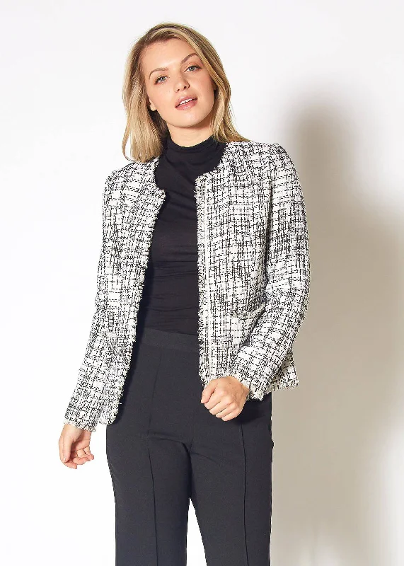 Pleione Women's Open Front Tweed Blazer in Black White Tweed Women's Elegant Suit