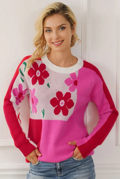 Blue Zone Planet |  Floral Round Neck Dropped Shoulder Sweater Iron Safe Non-Iron Wrinkle Free