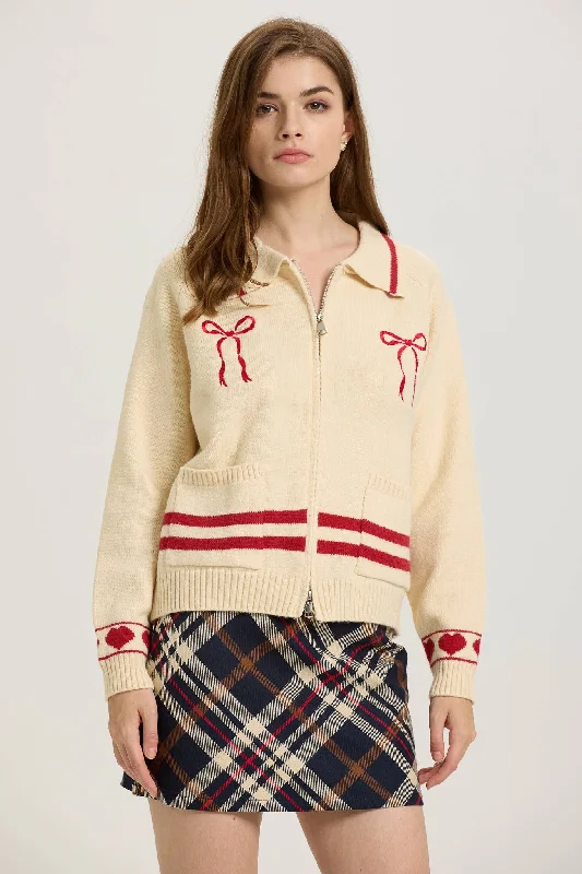 Cream Zip-Up Cardigan with Red Bow Embroidery Fitted Slim Tailored
