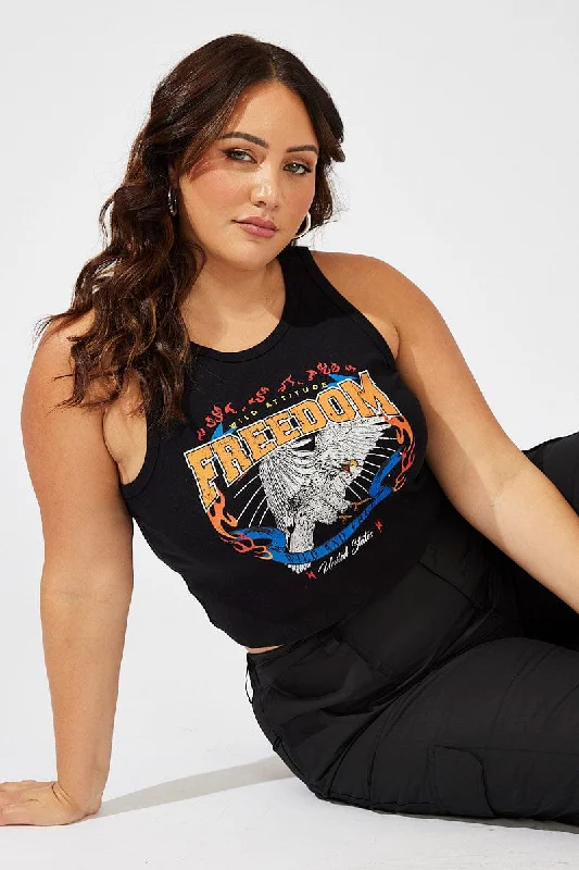 Black Graphic Tank Top Crew Neck lace back tank