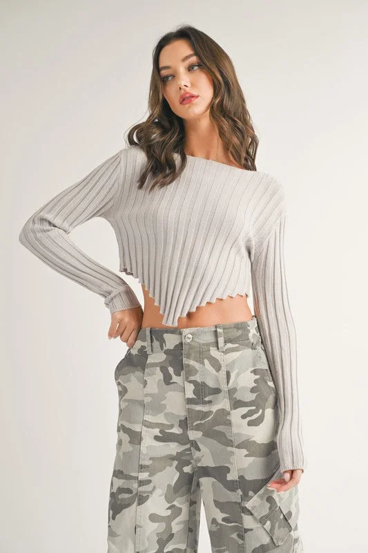 Gray Asymmetrical Ribbed Knit Sweater Tailored Straight A-Line