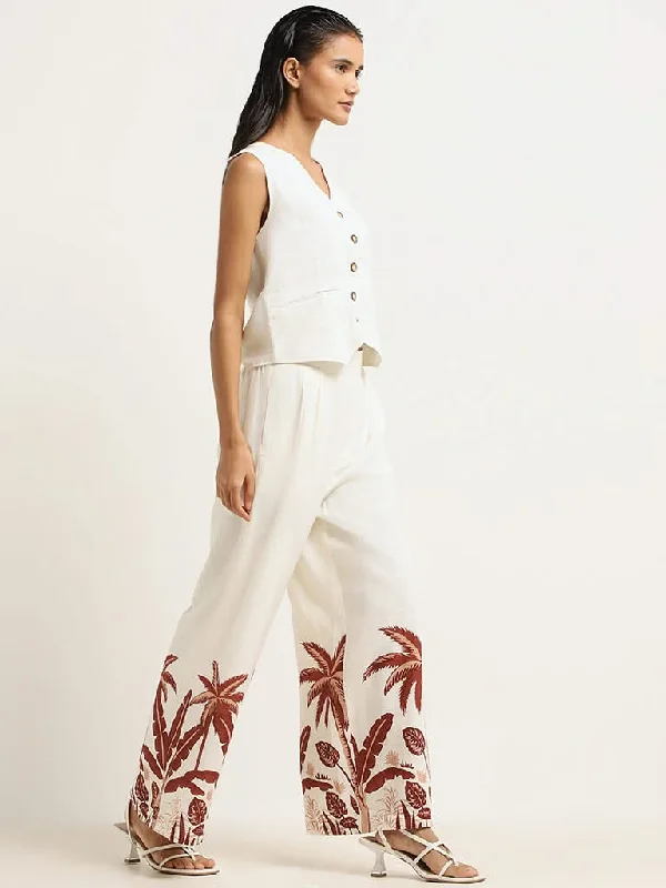 LOV Off-White Printed Blended Linen Trousers Trousers Cargo pockets