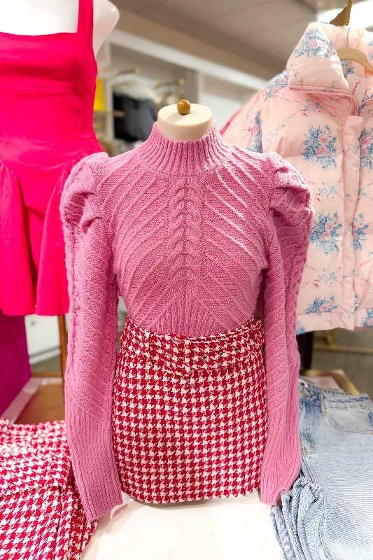 Pink Cable Knit Puff Sleeve Sweater Spandex Blend Rayon Blend Denim Blend