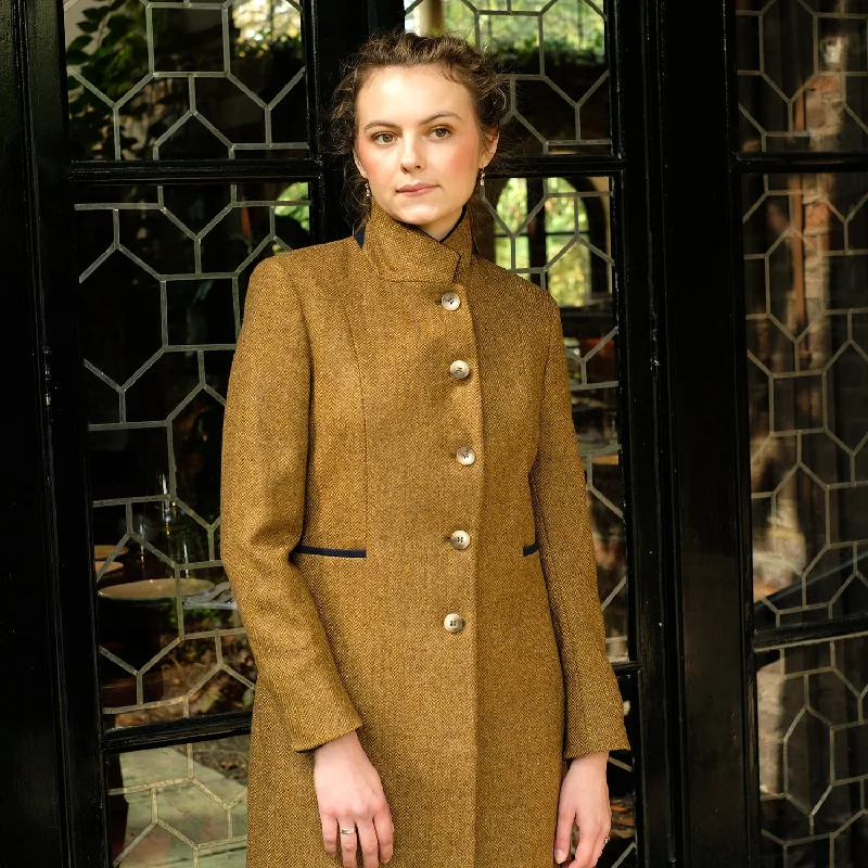Fitted Tweed Coat in Mustard Herringbone Elasticated Drawstring Belted