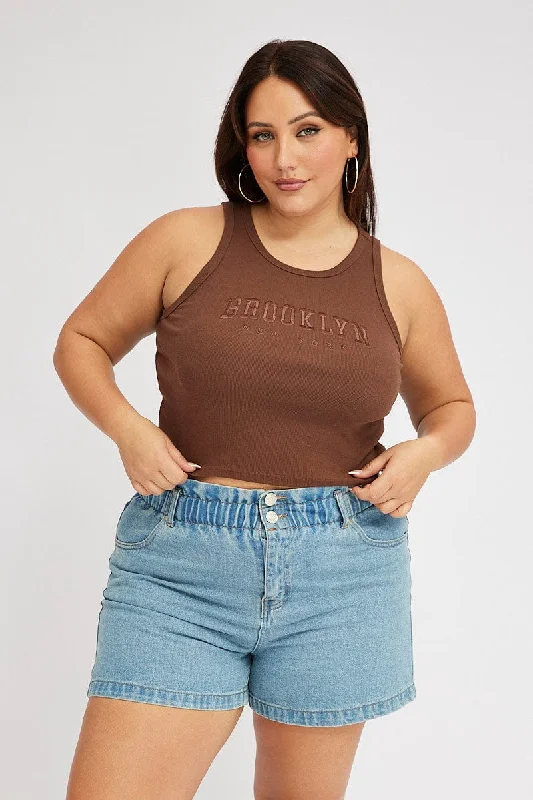 Brown Graphic Tank Top Crew Neck ivory tank top