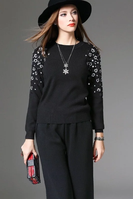 Black Sweater W/ 3D Flowers Beaded Sweater Sequined Faux Fur