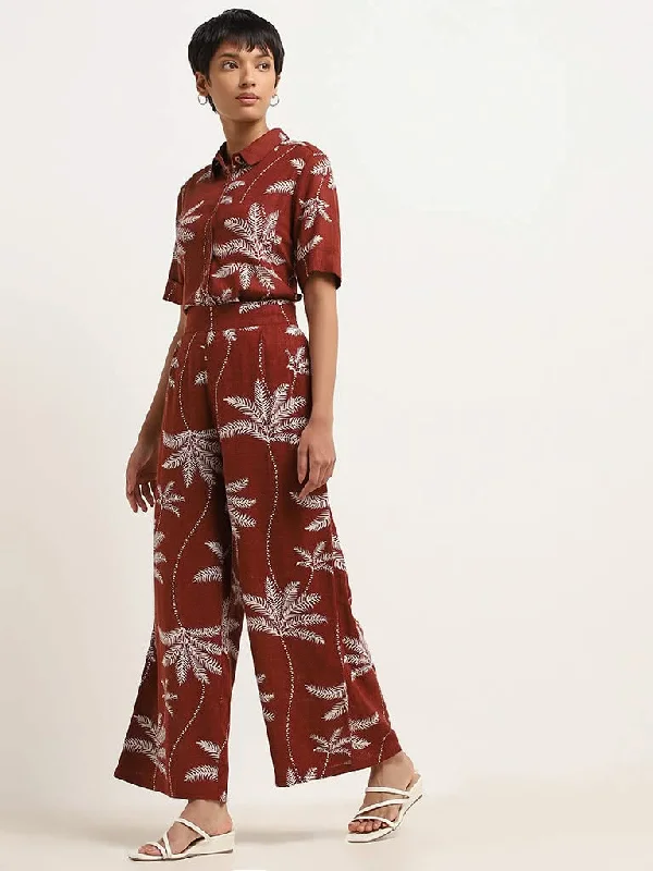 LOV Rust Blended Linen Wide Leg Trousers Trousers Print Floral