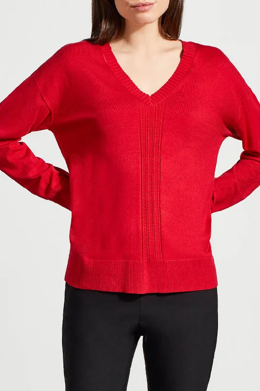 LONG SLEEVE V-NECK SWEATER W/CABLES - SCARLET Mesh Blend Leather Blend Suede Blend