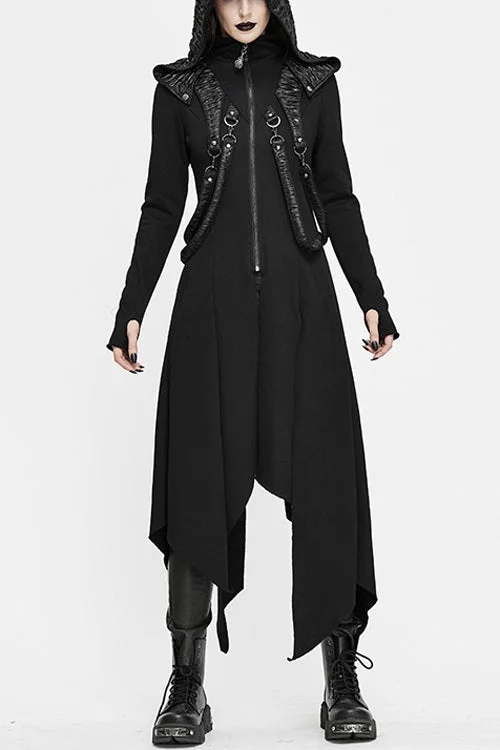 Black Hooded Slim Knitted Long Womens Punk Coat Plaid Tartan Floral