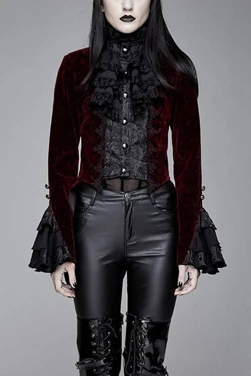 Red Jacquard Velvet Womens Swallow Tailed Gothic Coats Rayon Velvet Corduroy
