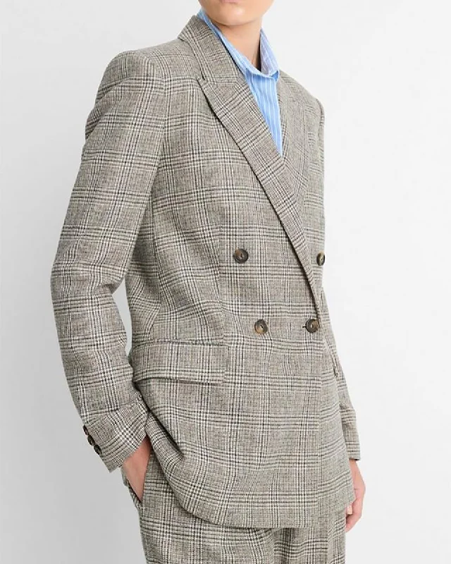 Plaid Italian Wool-Blend Double-Breasted Blazer Women's Party Jacket