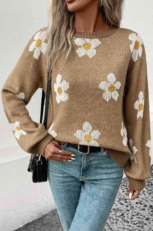 Floral Dropped Shoulder Sweater Elegant Classic Vintage