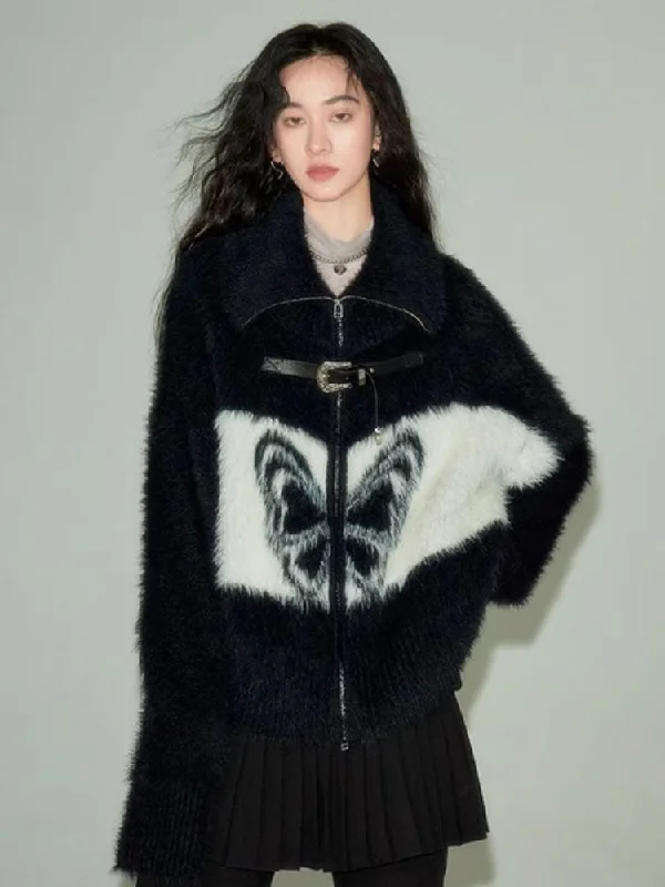 Vintage Butterfly Pattern Faux Mink Knit Cardigan【s0000004864】 Solid Color Striped Floral Print
