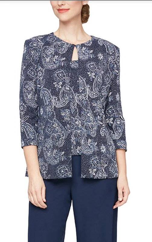 Alex Evenings 8327770 Printed Metallic 3/4 Sleeve Knit Twinset Jacket Knit Jacket Woven Jacket Fleece Jacket
