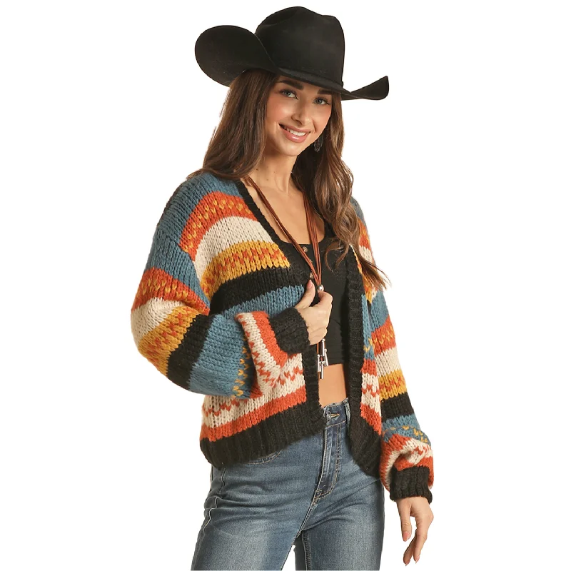 Rock & Roll Cowgirl Ladies Stripe Knit Open Cardigan RRWT95R04U-90 Fitted Loose Oversized Rock & Roll Cowgirl Ladies Stripe Knit Open Cardigan RRWT95R04U-90 Fitted Loose Oversized
