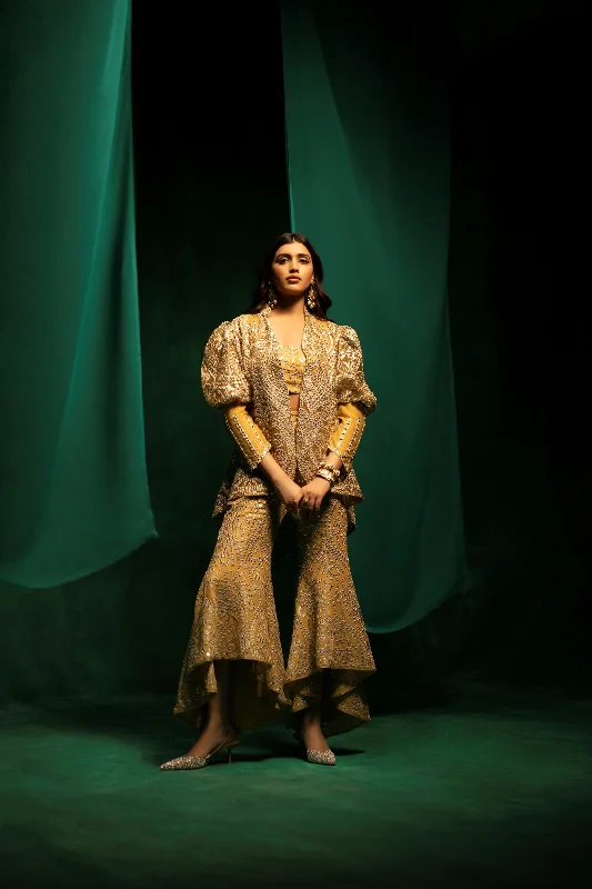 Cuff Sleeves Jacket In Golden And Silver Zari Net Mirrorwork Hooded Jacket Caped Jacket Shawl Collar Jacket