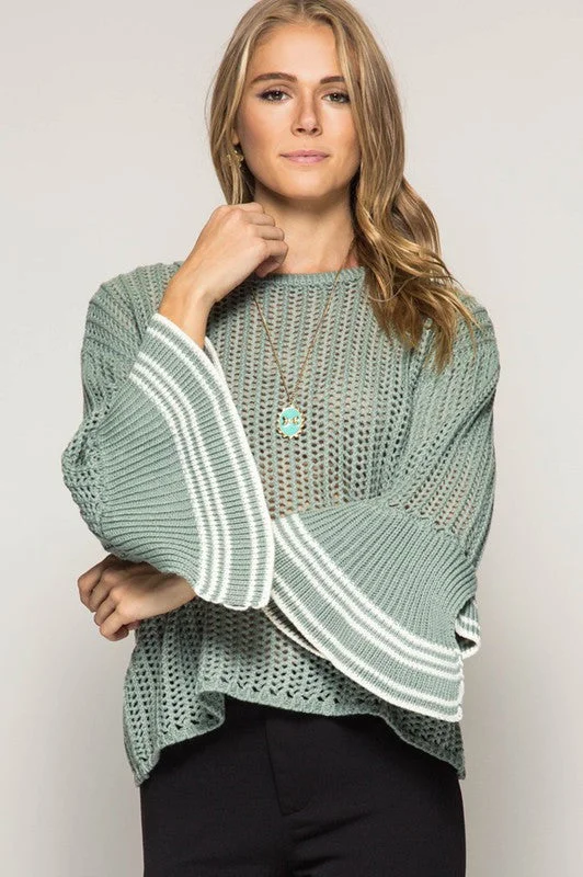 Bell Sleeve Sweater W/ Stripe Detail Spandex Blend Rayon Blend Denim Blend