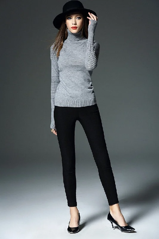 High Neck Sweater W/ Laser Cutout Fitted Slim Tailored