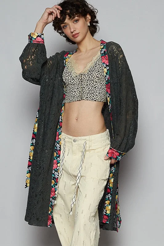 Pol Floral Trim Lace Open Front Longline Cardigan Fleece Cardigan Nylon Polyester