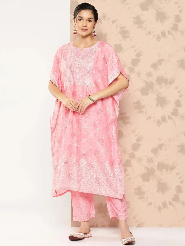 Peach Printed Silk Blend Kaftan Kurta With Trousers Trousers Denim Blue