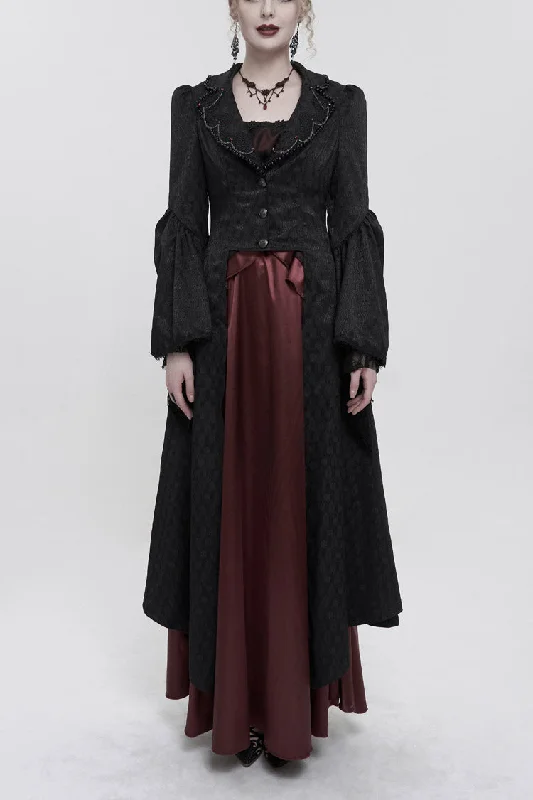 Black Jacquard Short Front Long Back Lapel Bead And Chain Trim Large Cuffs With Lace Trim Back Strap Thin Long Women's Gothic Coat Zip Front Button Front Snap Front Black Jacquard Short Front Long Back Lapel Bead And Chain Trim Large Cuffs With Lace Trim Back Strap Thin Long Women's Gothic Coat Zip Front Button Front Snap Front
