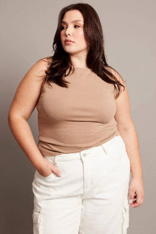 Brown Tank Top Sleeveless Boat Neck gold tank top