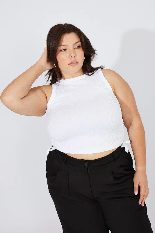White Tank Top Crew Neck Seamless Side Ruched cropped tank top