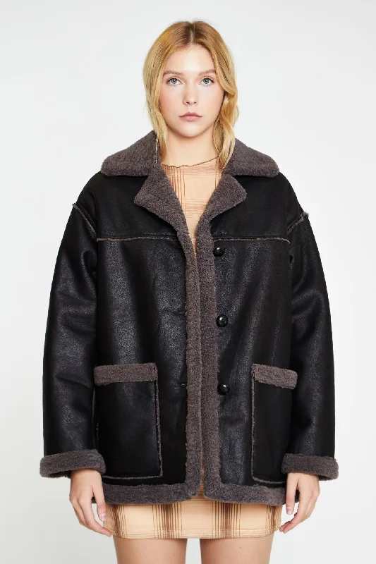 Black Dark-Grey Oversized Shearling Coat Chenille Brocade Lace