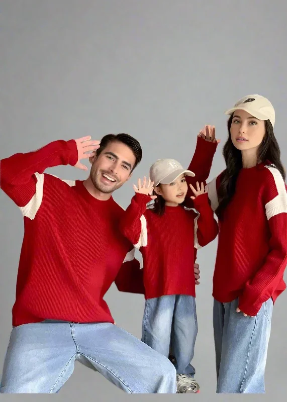 Matching Family Colorblock Knit Sweaters – Cozy Red with Modern Style Silk Blend Satin Velvet Matching Family Colorblock Knit Sweaters – Cozy Red with Modern Style Silk Blend Satin Velvet