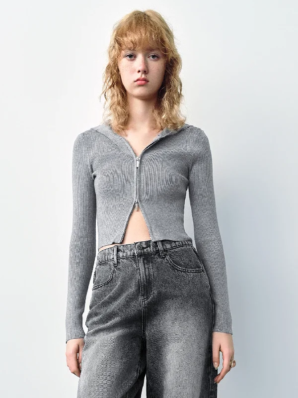 Zipper Front Hooded Skinny Knitted Cardigan Satin Fabric Silk Fabric Chiffon Fabric