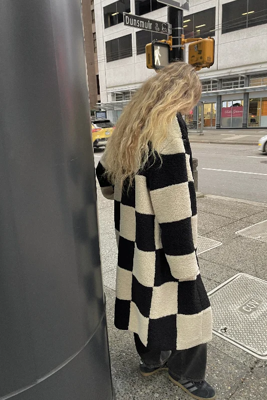 CHECKERED SHERPA COAT Asymmetrical Collar Hooded Zippered
