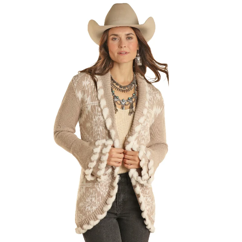 Powder River Outfitters Ladies Aztec Fur Lacing Tan Cardigan DW95C01971 Elasticated Padded Insulated Powder River Outfitters Ladies Aztec Fur Lacing Tan Cardigan DW95C01971 Elasticated Padded Insulated