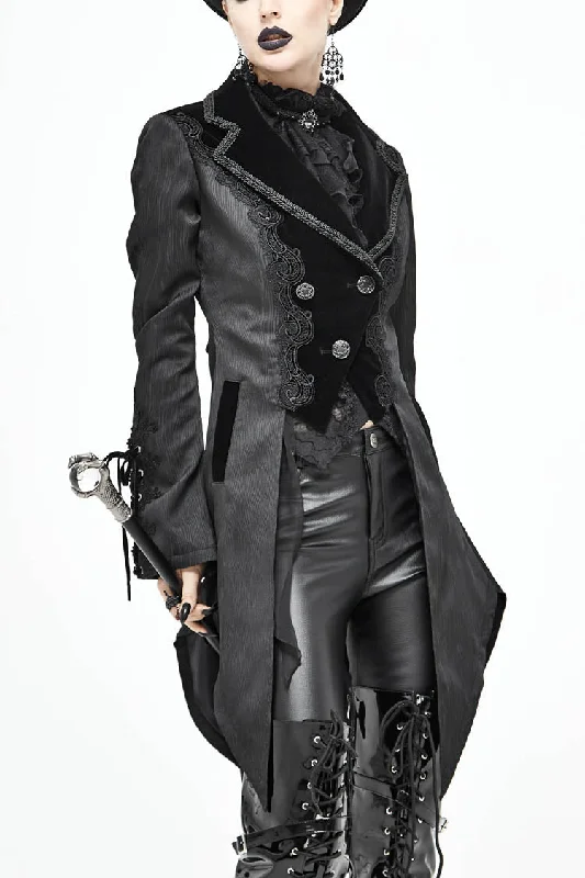 Black Front Decals Metal Button Lace-Up Cuff Dovetail Hem Striped Jacquard Women's Gothic Coat Boat Neck Jacket Square Neck Jacket One-Shoulder Jacket