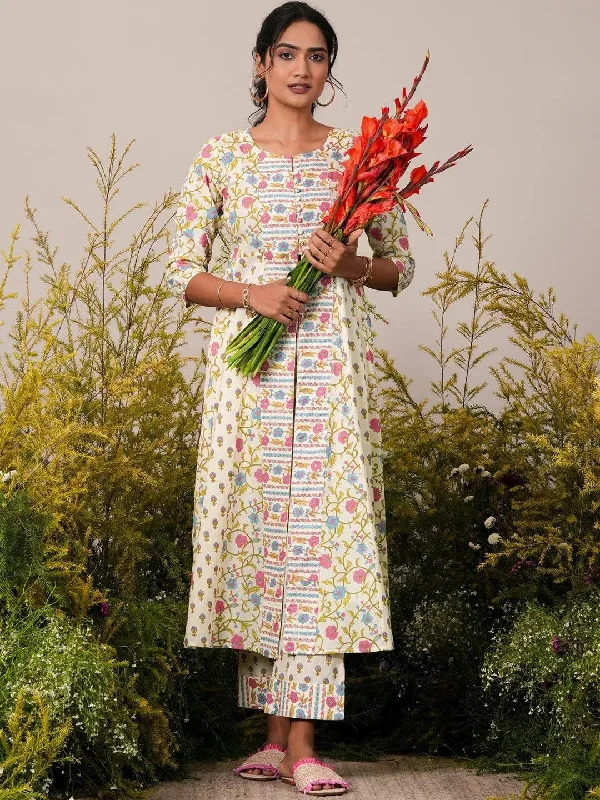 Off White Printed Cotton A-Line Kurta With Trousers Trousers Trousers Formal