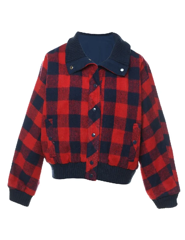 Checked Navy & Red Winter Wool Jacket - L Fleece Fabric Down Fabric Feather Fabric