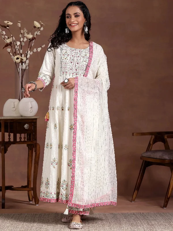 Off white Embroidered Cotton A-Line Kurta With Trousers & Dupatta Trousers chic elegant Off white Embroidered Cotton A-Line Kurta With Trousers & Dupatta Trousers chic elegant