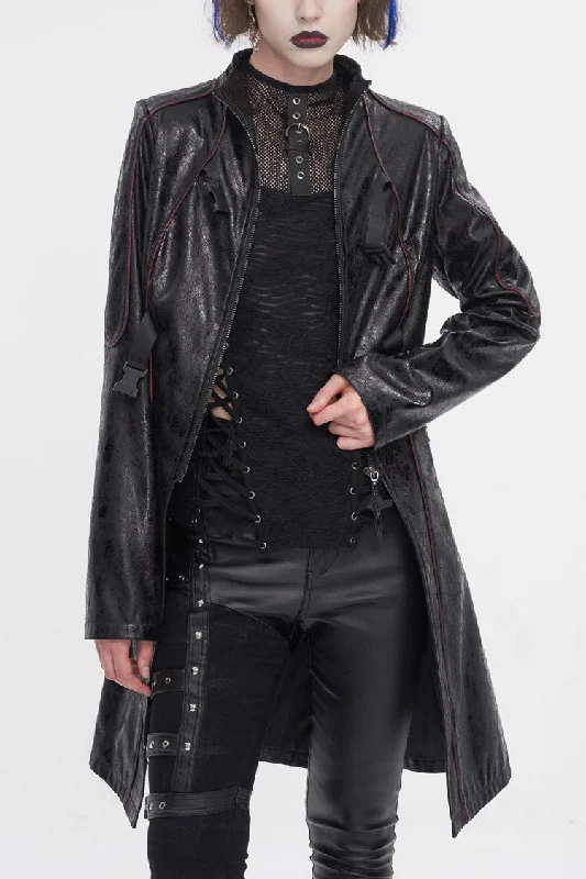 Black Double Buckle Faux Leather Long Women's Punk Coat Sequined Lace Ribbed