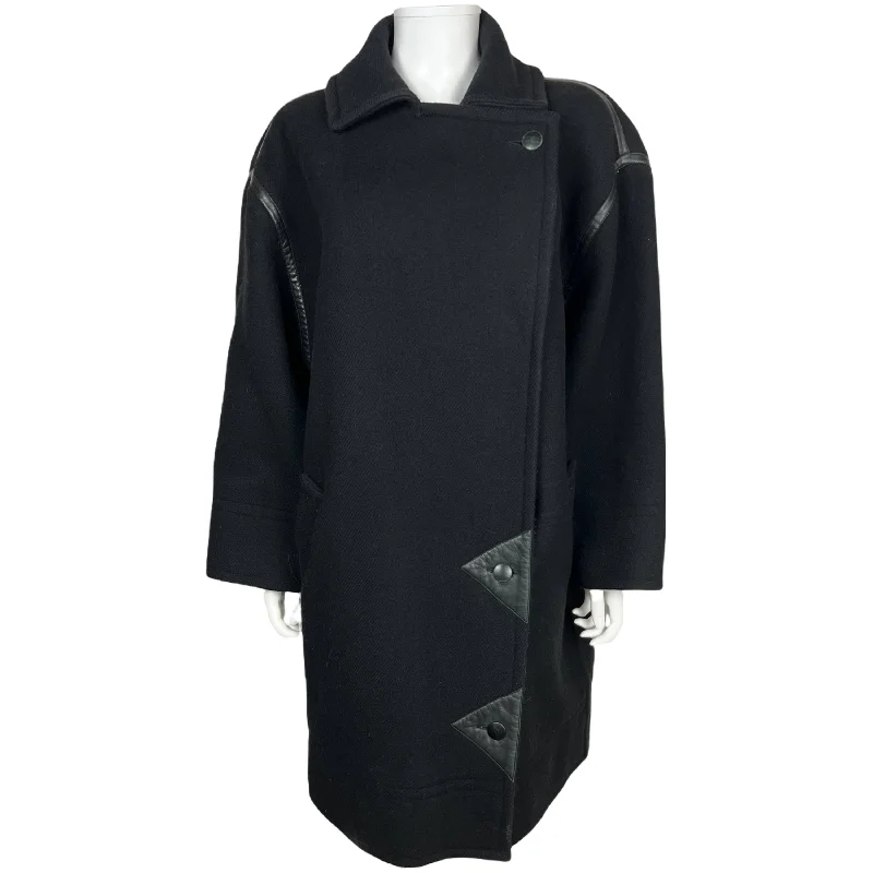 Vintage 1970s Courreges Coat Black Wool France Ladies Size L Fleece Down Feather