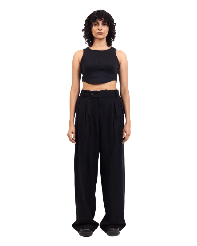 BLACK KHADDAR DOUBLE-PLEATED TROUSERS Trousers Solid Black