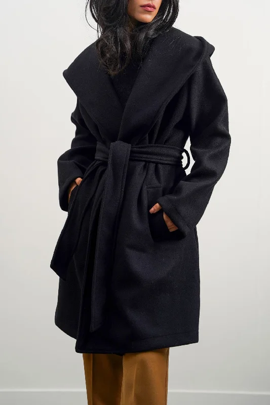 MIDI COAT WITH HOOD Herringbone Houndstooth Plaid
