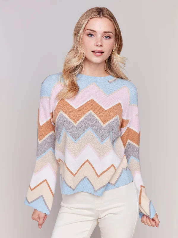 CHEVRON KNIT BELL SLEEVE SWEATER - CANDY Casual Formal Business