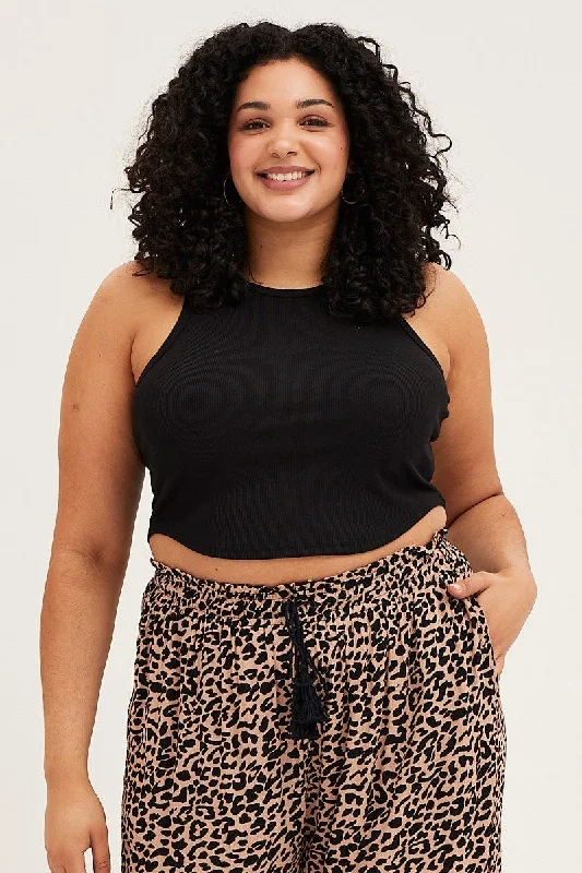Black Tank Top Curved Hem Crew Neck crossback tank top