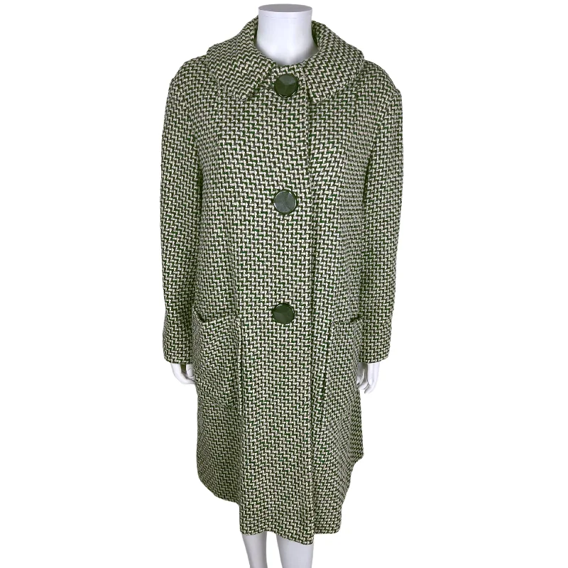 Vintage 1950s Ladies Coat Green & Grey Tweed Wool Size L Bomber Denim Leather