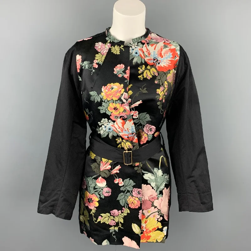 DRIES VAN NOTEN Size 6 Black & Multi-Color Silk / Polyester Belted Coat Houndstooth Jacket Shearling Jacket Fleece Jacket DRIES VAN NOTEN Size 6 Black & Multi-Color Silk / Polyester Belted Coat Houndstooth Jacket Shearling Jacket Fleece Jacket